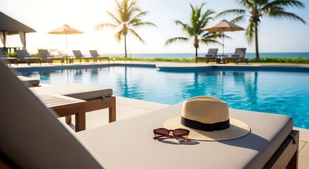 Obraz premium Luxury resort swimming pool with lounge chairs and palm trees overlooking the ocean at sunset.