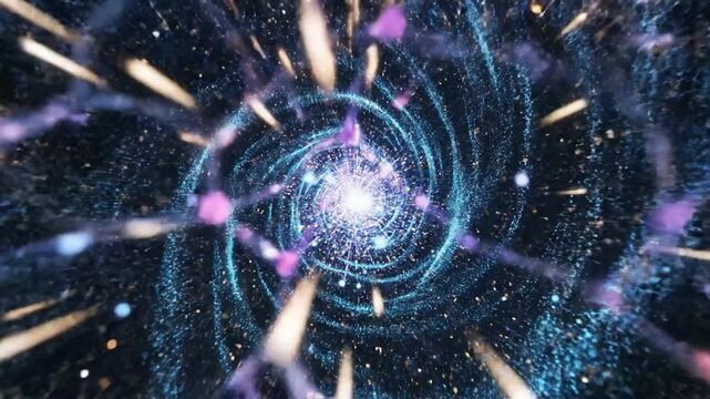 Abstract digital artwork features a central burst of light surrounded by spiraling energy and particles