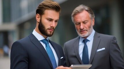 Fototapeta premium Business Colleagues Reviewing Information on Tablet Outdoors