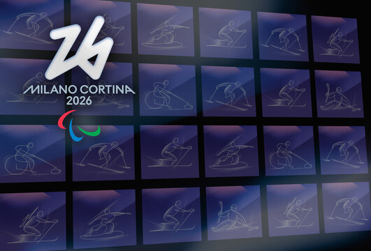 MILAN, ITALY, FEBRUARY 4 2026. Official logo of Milano Cortina 2026 Winter Paralympic Games and Agitos symbol over a background grid featuring white line art pictograms of all winter paralympic sports