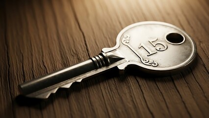 Old silver key with number on wooden surface