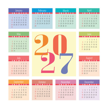 Calendar 2027. Colorful English square pocket calender. Week starts on Sunday