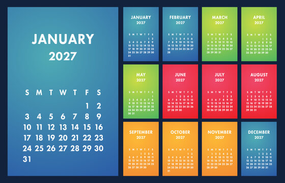 Calendar 2027 vector basic grid. Simple design template. English wall calender