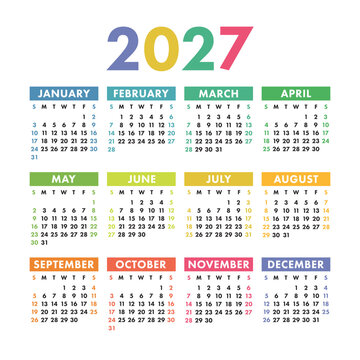 English calendar 2027. Square vector calender design template. Week starts on Sunday. New year