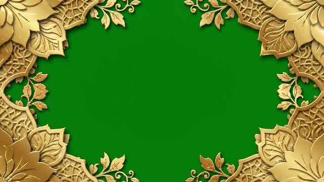 Intricate golden floral decorative border with ornate patterns and leaves frames a vibrant green screen background, perfect for graphic design and compositing projects.