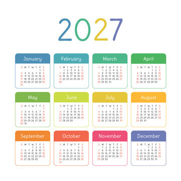 English calendar 2027. Square vector calender design template. Week starts on Sunday. New year