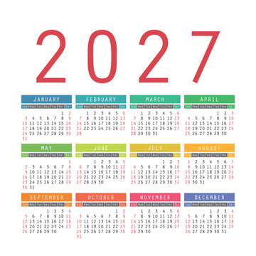 English calendar 2027. Square vector calender design template. Week starts on Sunday. New year