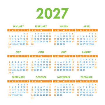English calendar 2027. Square vector calender design template. Week starts on Sunday. New year