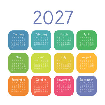 English calendar 2027. Square vector calender design template. Week starts on Sunday. New year