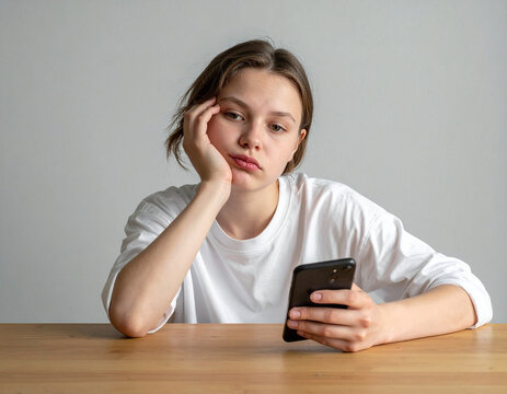 Junges Mädchen mit Smartphone sitzt gelangweilt am Tisch