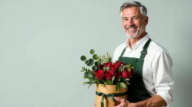 Adult grey-haired man florist holding hat box with bouquet of red roses on gray background with space for text.