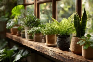 Fototapeta premium Lush indoor urban jungle scene with various potted ferns and snake plants on wooden shelves by sunlit window in lifestyle photography art.