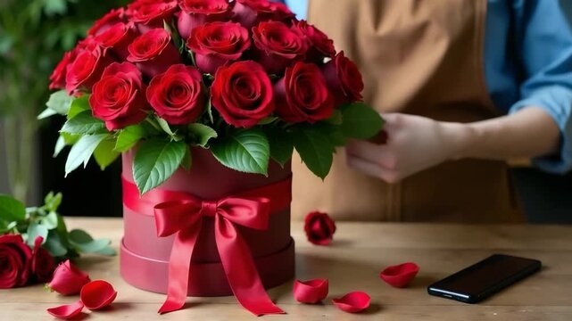 Hat box with bouquet of red roses and woman florist in flower shop. Concept of professional floral work, floristry business, gift business.