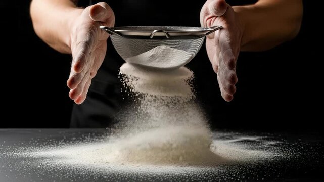 Baker sifting flour through a sieve, creating a pile of powder on dark surface