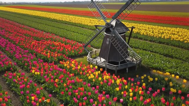Traditional Windmill in Vibrant Tulip Field with Rows of Colorful Blossoms for Editorial Styling and Cultural Heritage Themes
