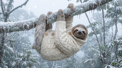 Obraz premium Adorable sloth wearing knitted sweater in snowy forest scene