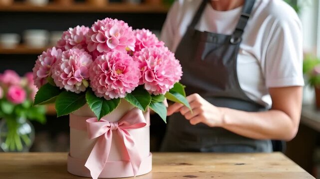 Hat box with bouquet of pink hydrangeas and woman florist in flower shop. Concept of professional floral work, floristry business, gift business.