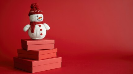 Adorable knitted snowman on stack of red gift boxes