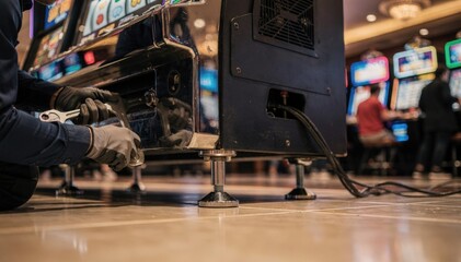 Obraz premium Closeup on engineer adjusting leveling feet of a slot machine in a bustling racino clear focal point on the machines base surrounding area fades softly away.