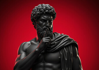 Fototapeta premium Black classical statue gesturing silence shhh on red background