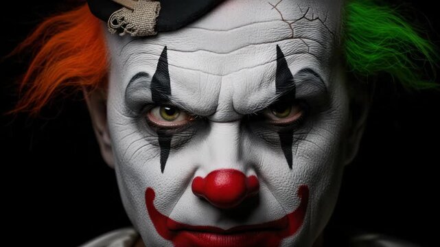 Creepy Clown Close-Up Portrait, Horror Character, Spooky Face Makeup, Dark Background