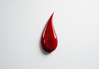 Obraz premium Perfect shiny crimson red liquid droplet suspended in elegant pointed shape on pure white surface with soft reflection