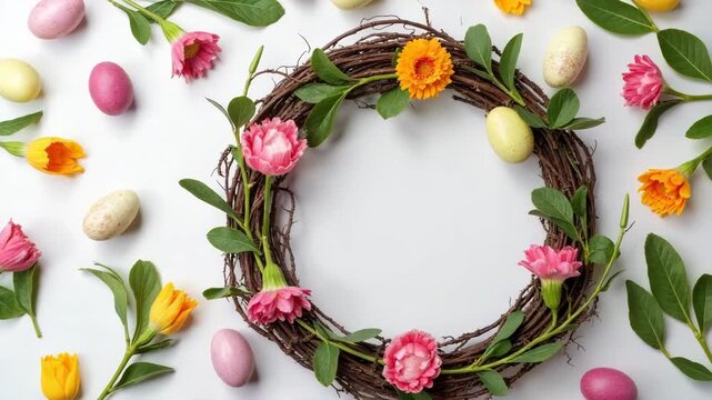 Easter wreath made of colorful spring flowers, leaves and easter eggs. Natural round frame layout with paper card. Flat lay..