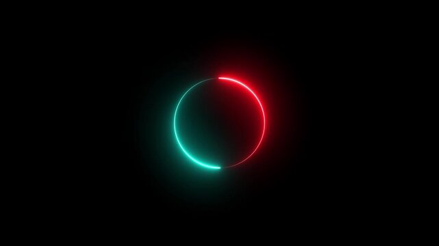 Neon circle loading icon animation glowing red and cyan bar round shape processing rotation circular reset icon sign symbol on black background