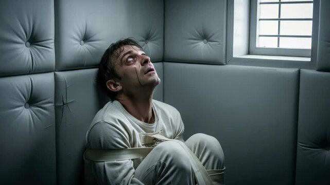 Distressed man in straitjacket in padded cell, looking up with tears