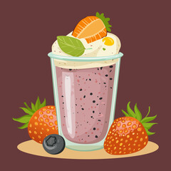 Creamy berry smoothie bowl with fresh strawberries and mint leaf garnish - Vector Illustration © powdesign