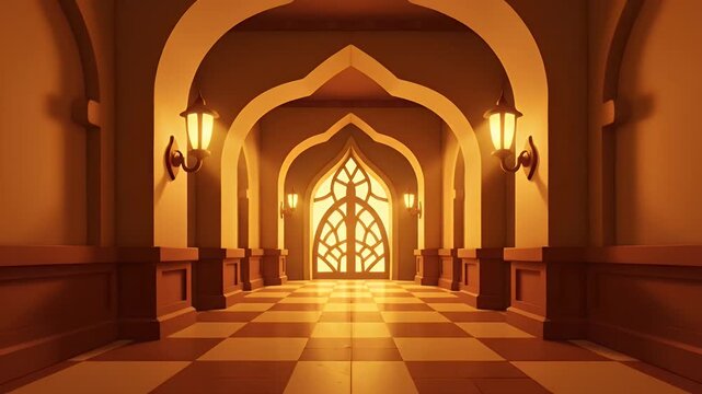 Luxurious hallway with warm lanterns and ornate archways