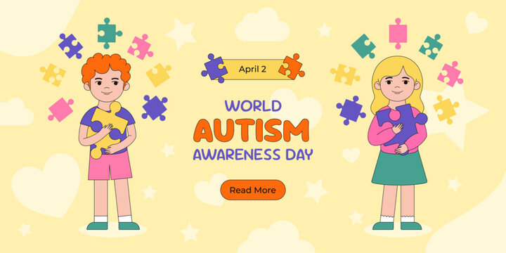 World Autism awareness day banner or background. Vector illustration for flyer, campaign, cover card, social media post. Boy and girl with puzzles poster