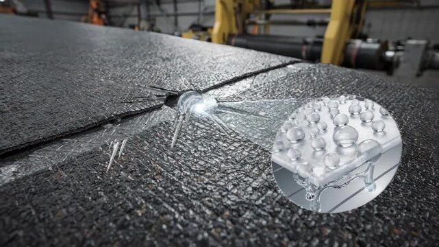 Medium shot showcasing protective cover material with selfrepairing microcapsules sealing minor abrasions against impact in an industrial environment.