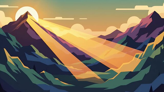 Majestic mountain landscape with sun rays breaking through at dawn