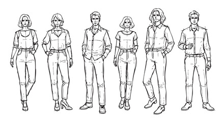Six hand-drawn fashion figures confidently showcasing casual wear like jeans, shirts and heels, perfect for fashion design illustration and style guides.