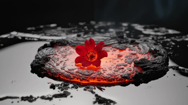 Flower Sits on Lava Flow, Symbol of Beauty and Destruction, Macro Shot