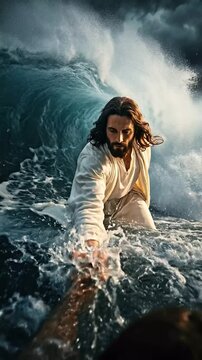 Vertical Video-Storm Walker Jesus Water - Walking Ocean Waves Hand Reaching Storm Clouds White Robes