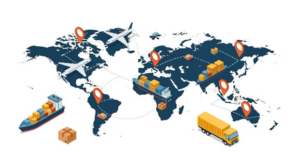 Global Logistics and Supply Chain Network with World Map and Transport Vehicles. © Yahya