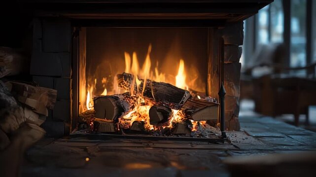 Cozy crackling fire logs burning in a stone fireplace