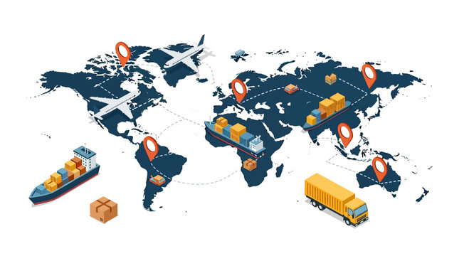 Global Logistics and Supply Chain Network with World Map and Transport Vehicles.