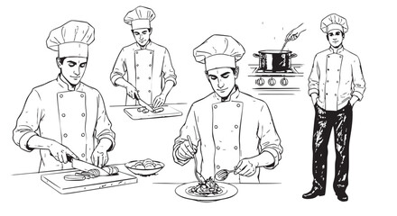 Line art illustration of a chef preparing a meal, cutting vegetables, cooking on a stovetop, and serving a dish, depicted with clean and crisp lines.