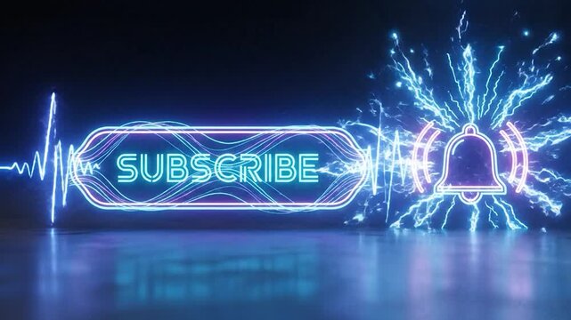 Glowing neon sign with reflection, Subscribe, bell buttons with digital lines, Subscribe to video channel, blog, and light blast animation 