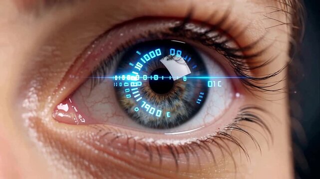 Close-up of human eye with futuristic blue circuit board iris scan overlay, technology concept for mockup or presentation