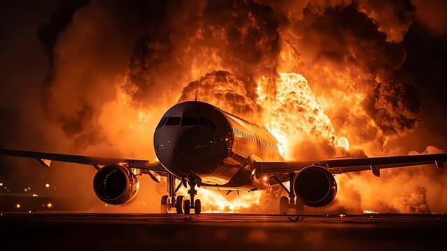 Dramatic Night Scene Commercial Jetliner Against Huge Explosion