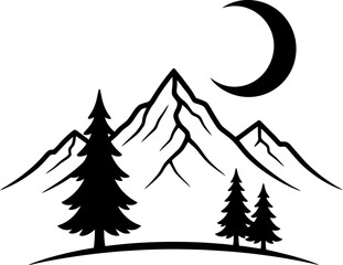 Obraz premium Mountains, pine trees and crescent moon at night, minimalist nature landscape. Vector illustration for travel, outdoor, sport design