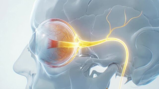 Light signal travels from the eye through the optic nerve into the brain in a transparent head anatomy view
