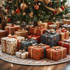 Gifts elegantly wrapped and placed under the Christmas tree.