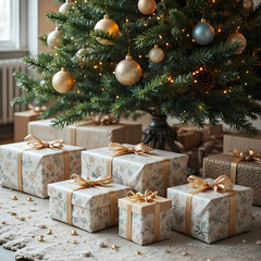Gifts elegantly wrapped and placed under the Christmas tree.