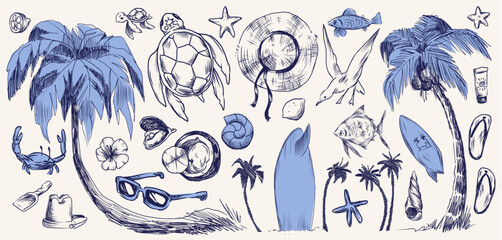 Naklejka premium Vintage beach sketch set with coastal icons and summer sea vacation elements, isolated on white bg. Hand drawn mediterranean doodles of palms, crab, surfboard and hat, turtle, fishstar and seashells