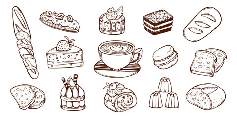 Sketch bakery doodle icons isolated on white background. Vector illustrations of fresh baguette, coffee cup, chocolate cake, eclair and macaron, whimsical hand drawn design elements for breakfast menu